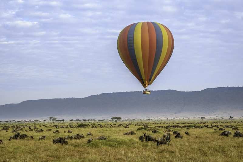 A hot-air balloon drifting low over the Mara plain at first light