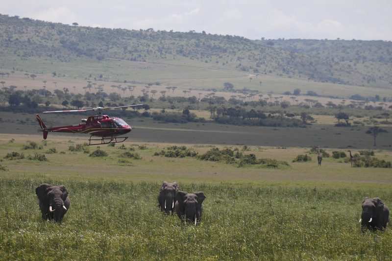 Maasai in red shukas beside a helicopter landed on the plain